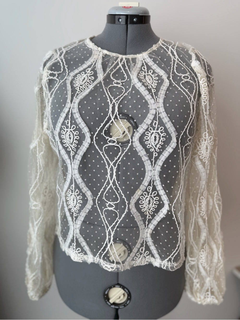 Zara White Sheer Embroidered Lace Long-Sleeve Blouse